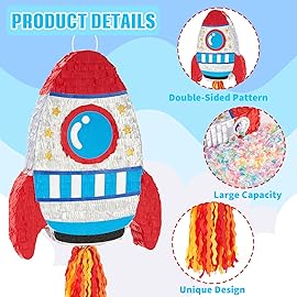 WERNNSAI Rocket Piata - Rocket Ship Pinata Bundle with Blindfold and Bat Space Birthday Party Decoration for Boys Kids Family Games Piata Space Ship Theme Party Supplies