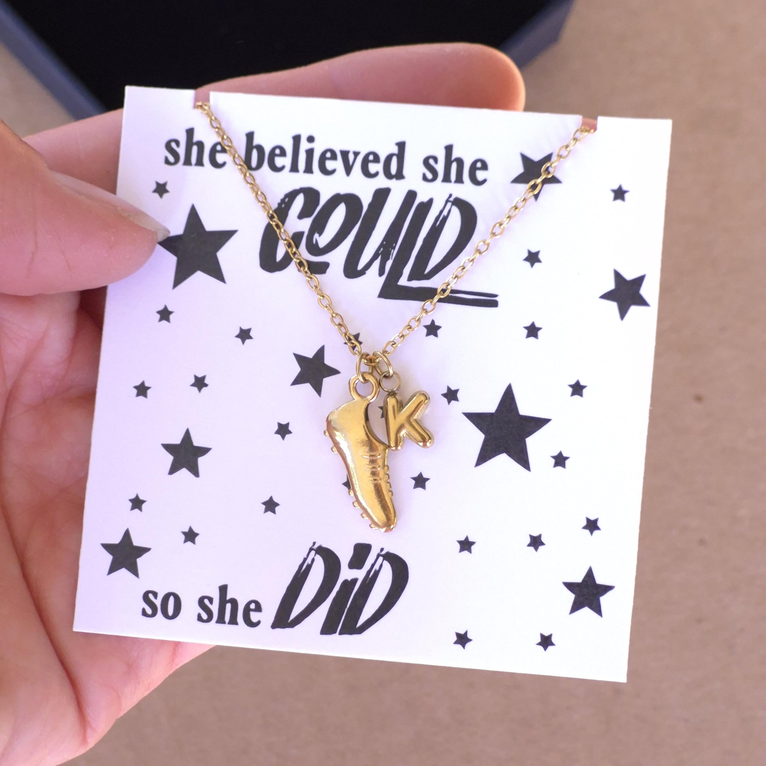 DistinctlyIvy Track Gift Necklace Runner Marathon - Gold Charm Jewelry Minimal Simple Running Shoe - Custom Chain Length She Believed - DII