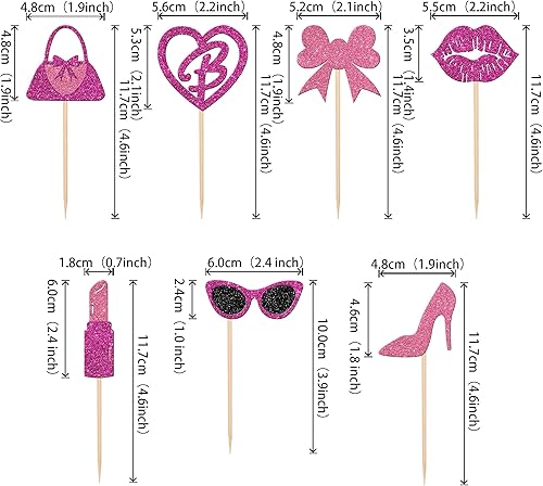 Miniatura 2 de 24 piezas de adornos de princesa para cupcakes con purpurina rosa para niñas, bolsos, lentes, lazo, lápiz labial, corbata de tacón alto,