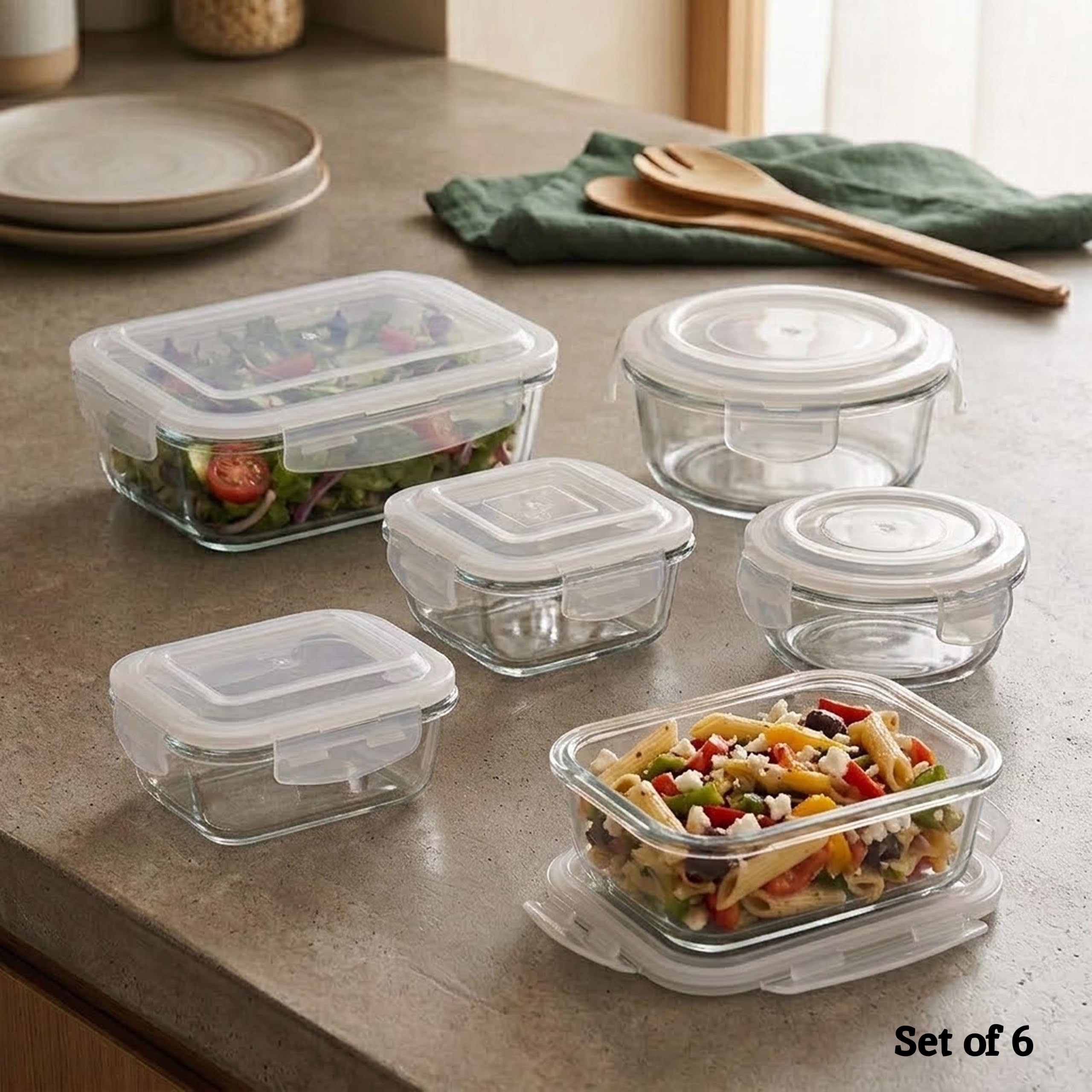 Premier Housewares - Juego de 6 recipientes de vidrio para almacenamiento de alimentos con tapas herméticas