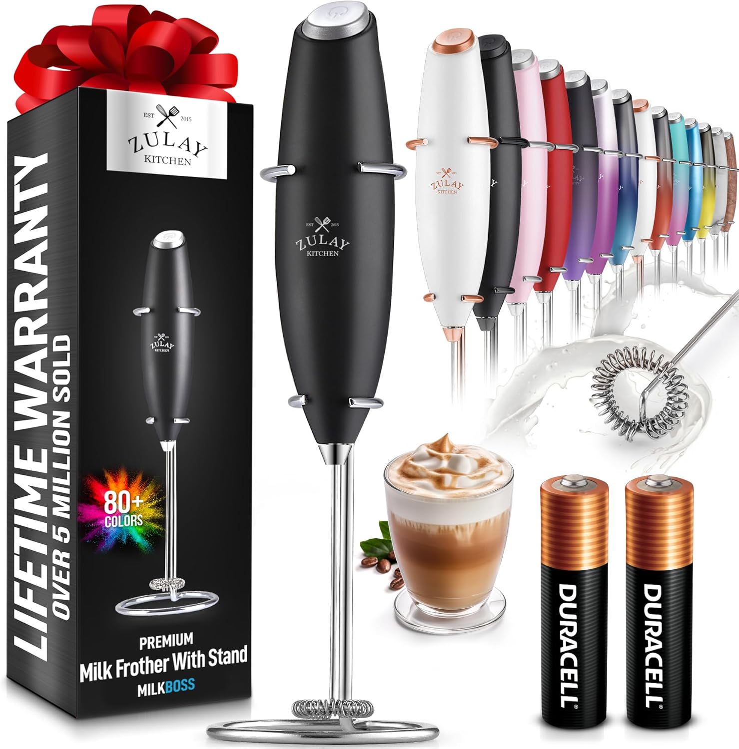 Zulay Kitchen Powerful Milk Frother Wand With 2 Duracell Batteries - Ultra Fast Handheld Drink Mixer - Electric Whisk Foam Maker for Coffee