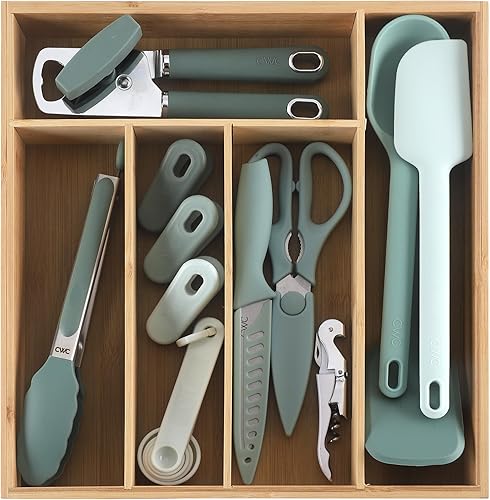 COOK WITH COLOR Juego de utensilios de cocina de bambú con organizador de cajones  Herramientas de cocina y organizador de almacenamiento, salvia,
