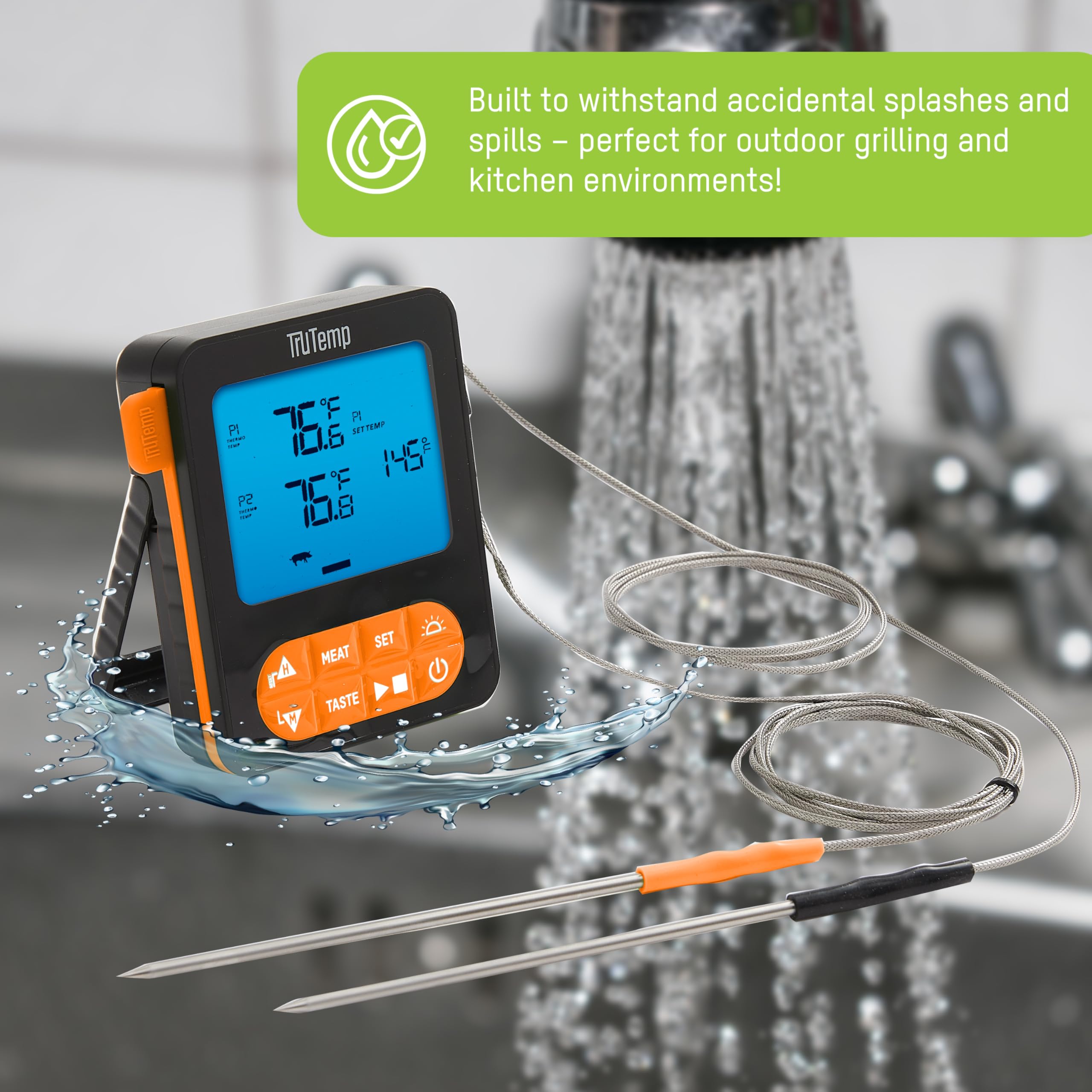 Taylor TruTemp Termómetro programable para carne y alimentos con cable de doble sonda, digital, monitor de dos platos, hornear, asar, fácil de usar, retroiluminado, naranja