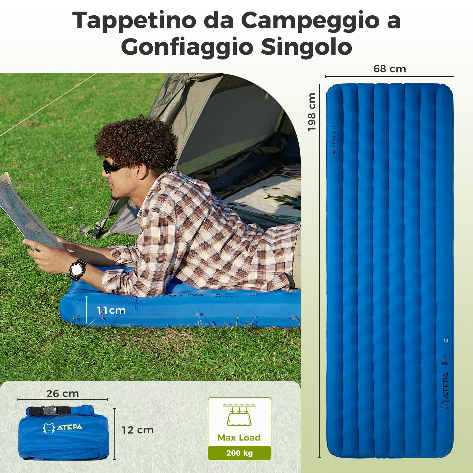 ATEPA Ultraleggero Gonfiabile Materassino da Campeggio Singolo Spessore 11 cm Materassino gonfiabile Compatto Materassino da Campeggio 20D Nylon Impermeabile per Escursionismo Backpacking
