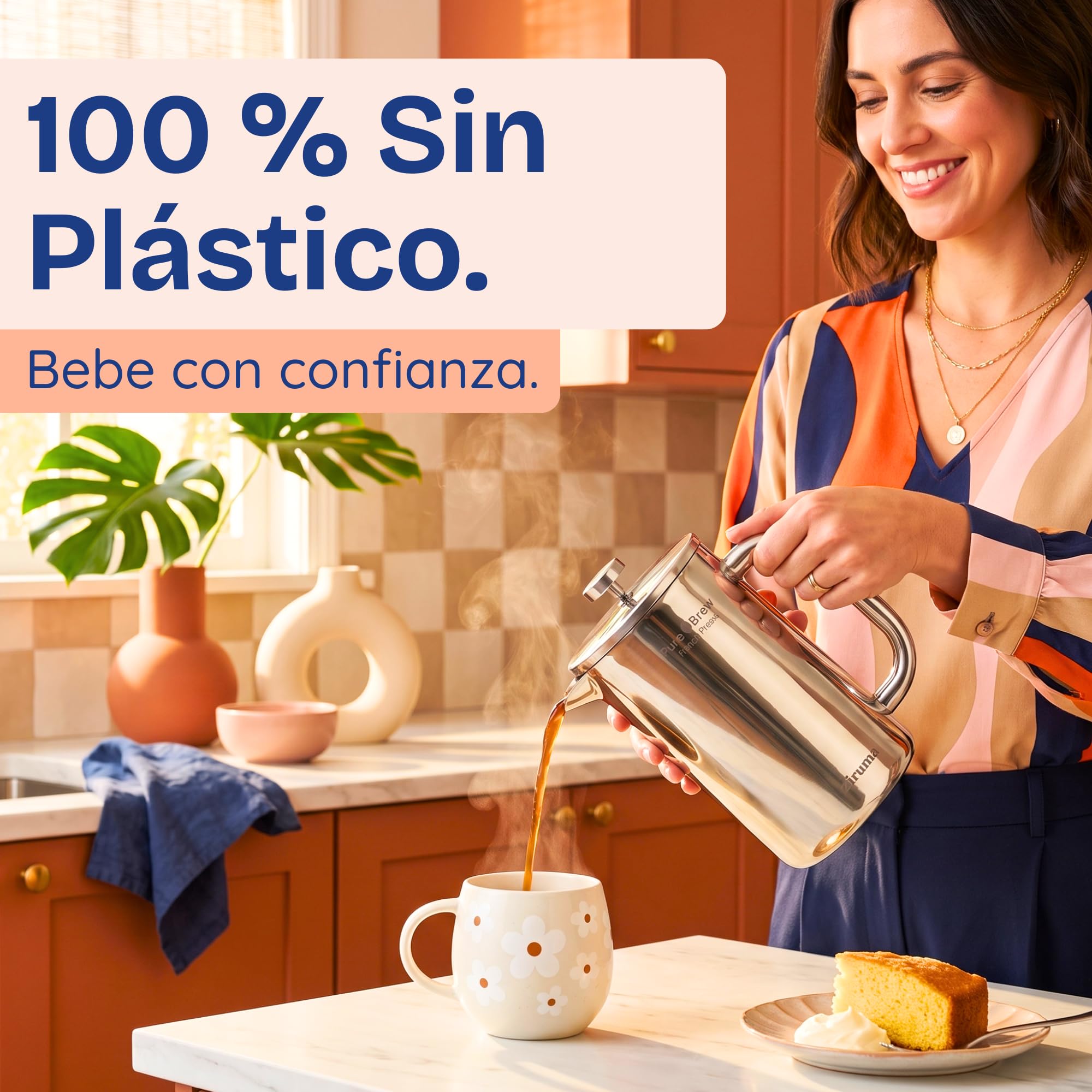 Ziruma No Tóxico Cafetera de Émbolo Acero, Sin Plástico, Doble Pared, 1L