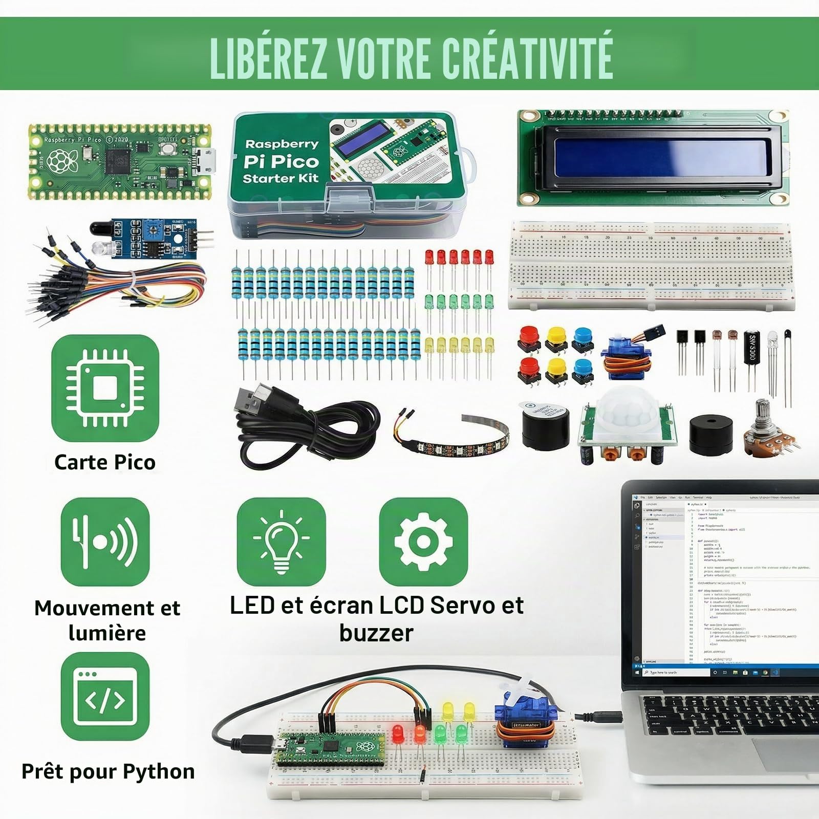 Kit de démarrage de base pour Raspberry Pi Pico, super kit de démarrage pour Raspberry Pi Pico, Raspberry avec breadboard, module d'affichage LCD 2C 1602, capteurs compatibles