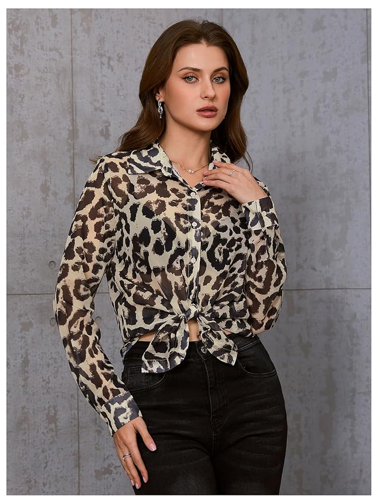 Verdusa Women's Cheetah Print Top Leopard Print Tops Button Up Shirt Blouse  Long Sleeve Y2k Clothes Trendy Top at Amazon Women’s Clothing store