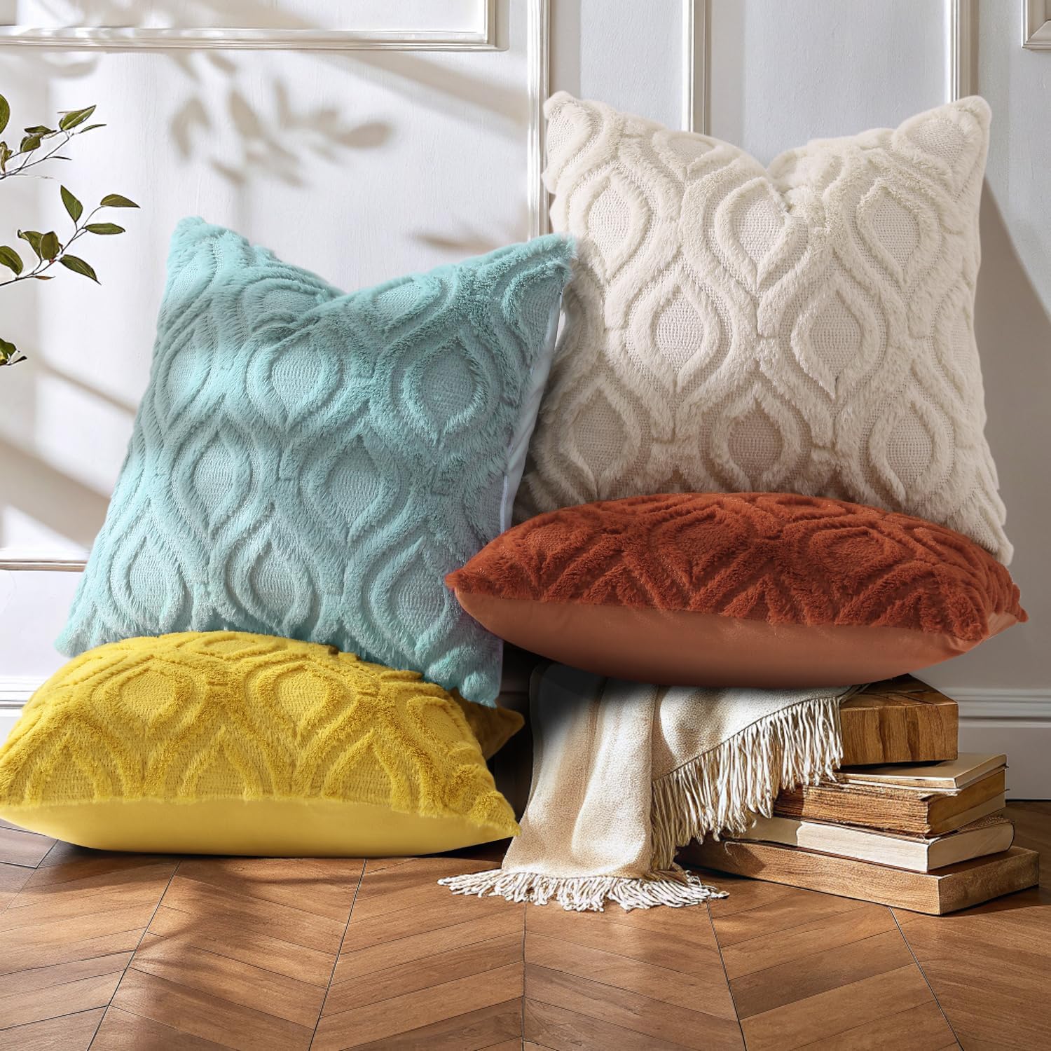 decorUhome Throw Pillow Covers 24x24 Inch Set of 2, Soft Plush Faux Wool Beige Solid Couch Pillow Covers, Accent Euro Sham Farmhouse Neutral Square Pillow Cases for Sofa Bed Living Room