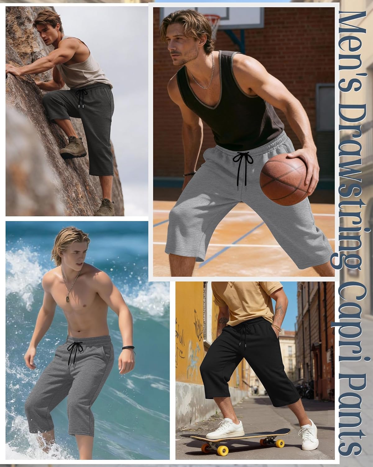 Neer 4 Pack Mens Carpi Shorts Big and Tall Below Knee Casual 3/4 Pants Loose Fit Drawstring Jogger Shorts with Pockets