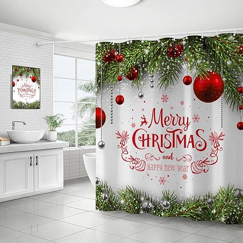 Miniatura 3 de Cortina de ducha de Navidad, telón de fondo de Navidad, copos de nieve, pinos, juegos de cortinas de ducha de poliéster, tela impermeable, lavable,