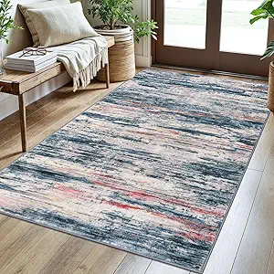 3x5 Teal Blue Peach Gray Multi Modern Abstract Rug for Farmhouse, Super Soft Washable Rug with Non-Slip, Low-Pile Indoor Door Area Rugs for Living Room Bedroom, Living Carpet with Non-Shedding