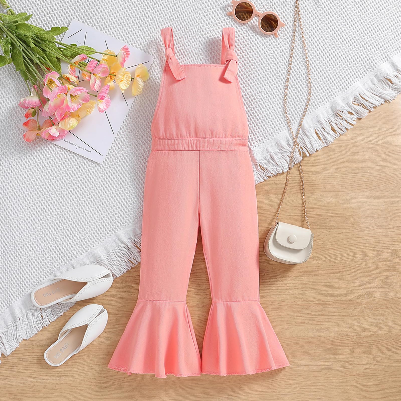 ZAXARRA Toddler Baby Girl Overalls Halter Baby Bell Bottom Baby Flare Leg Jumpsuit Spring Summer Clothes (Pink, 6-7 Years)
