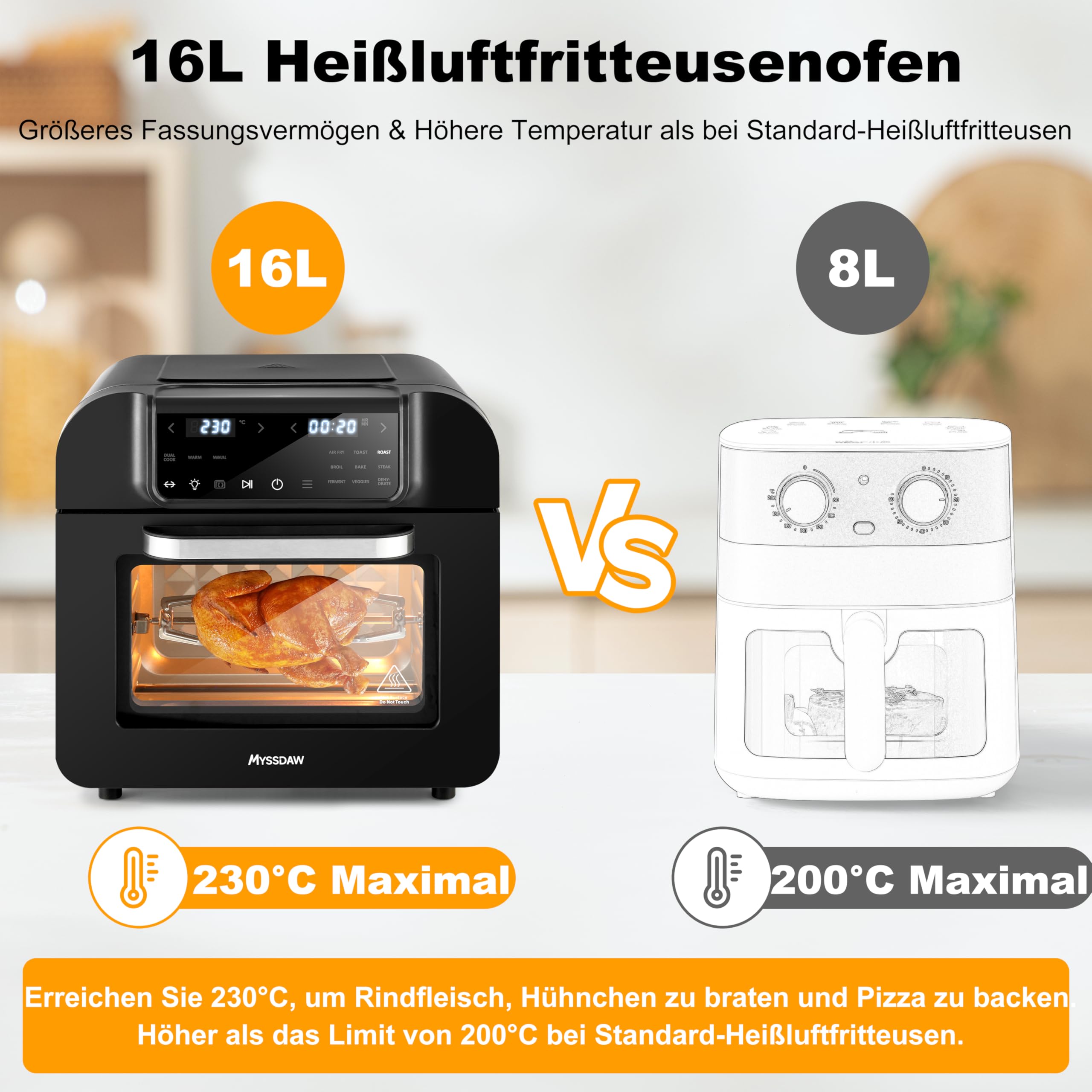 16L Heißluftfritteuse XXL mit Rotisserie Große Kapazität Bis zu 230°C 9 smarte Kochfunktionen Air Fry Roast Grill Bake Dehydrate & Mehr Einfache Digitale Steuerung Tischofen
