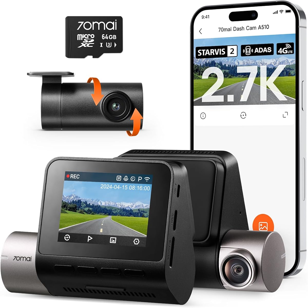 70mai Dashcam Auto Vorne Hinten A510, 2.7K 1944P+1080P Dash Cam STARVIS 2 Dual HDR Nachtsicht, Autokameras mit Parküberwachung, GPS, G-Sensor, ADAS, Loop-Aufnahme, App-Steuerung, 64GB SD Karte