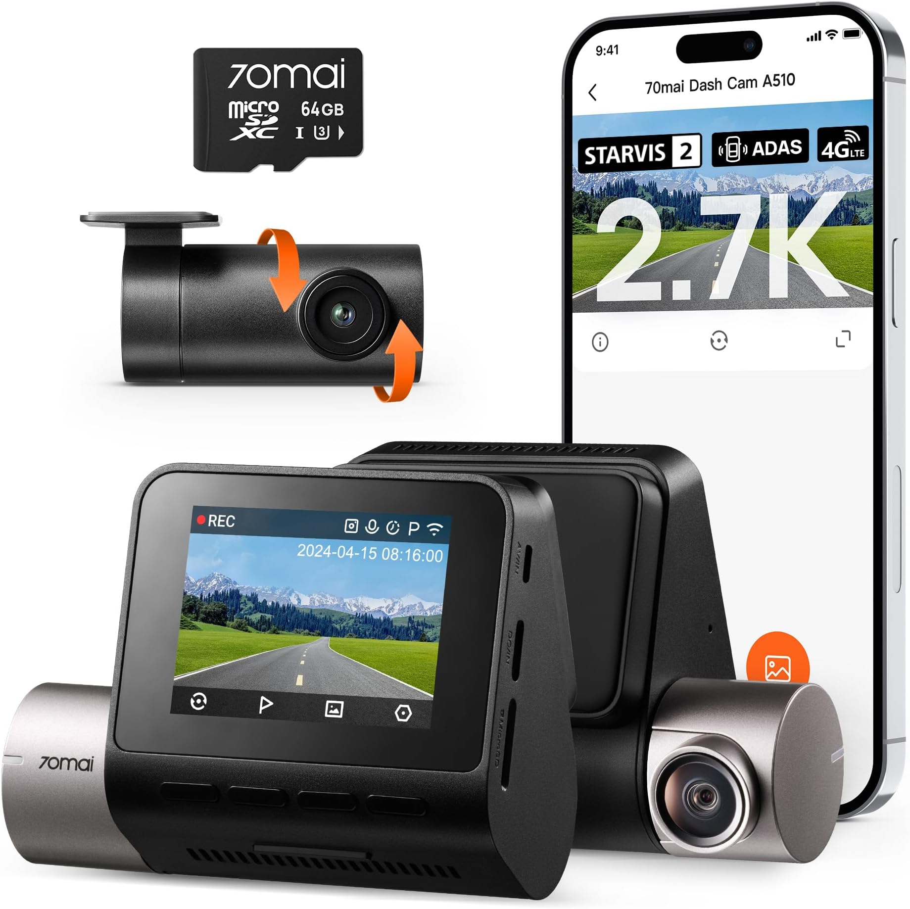 2.7K Dash Cam Front and Rear A510, 1944P+1080P Ultra Full HD Dual Car Camera with STARVIS 2 IMX675 and 64GB Card, Built-in GPS, 4G LTE, G-Sensor, ADAS, HDR, Night Vision, APP Control, Max 256GB