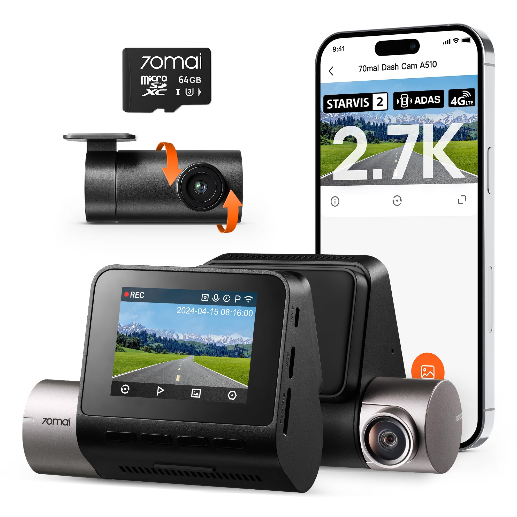 70mai2.7K Dash Cam Front and Rear A510, 1944P+1080P Ultra Full HD Dual Car Camera with STARVIS 2 IMX675 and 64GB Card, Built-in GPS, 4G LTE, G-Sensor, ADAS, HDR, Night Vision, APP Control, Max 256GB