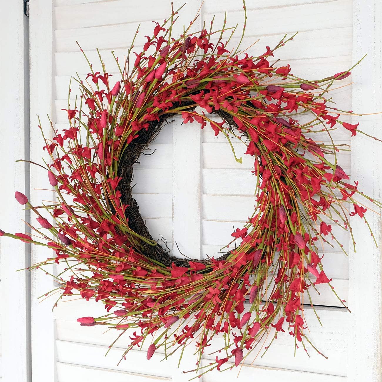 Bibelot 18inch Artificial Forsythia Flower Wreath, All Year Around Wreath for Front Door, Wedding Window Home Wall Indoor Front Door Decor (red, 18in)
