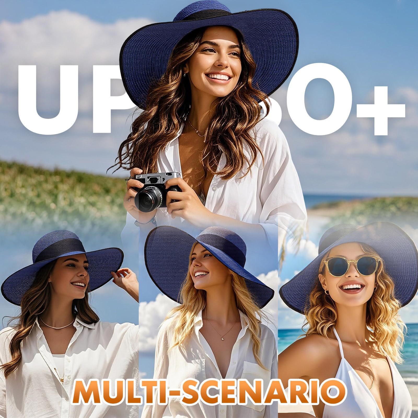 powerking Large Bordure Paille Chapeau de Soleil, Protection UV Chapeau d'été emballable Pliable Disquette Plage Chapeaux de Soleil pour Les Femmes