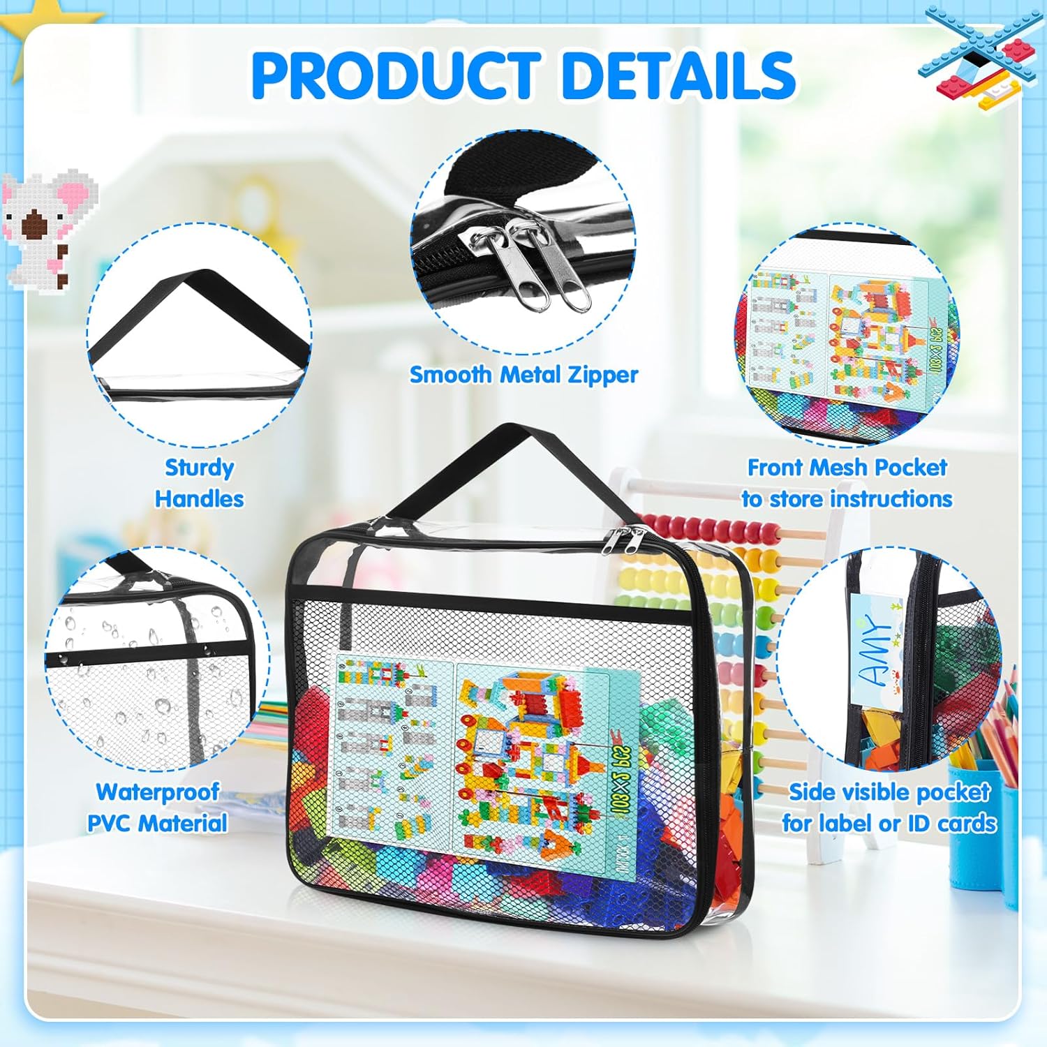 6 Packs Large Toy Storage Bags with Zipper & Mesh Pocket, Reusable Clear PVC Board Game Storage, Travel Waterproof Organizer Bags with Zipper for Building Blocks, Puzzle, Books, 14.56x11.02x3.15inch