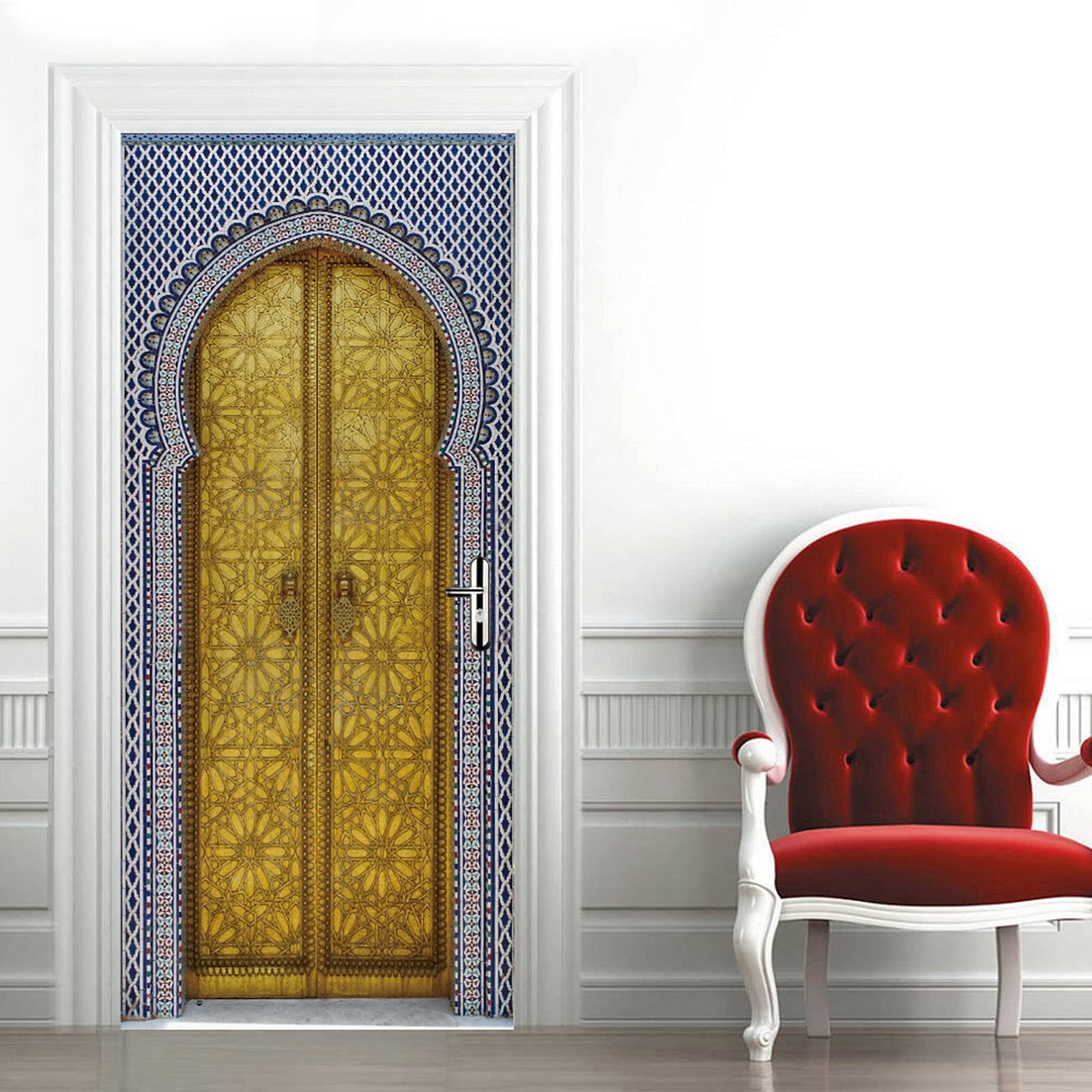 A.Monamour Adesivo Porta Autoadesiva Porta D'Oro Del Palazzo Reale Con Piastrelle A Mosaico A Fez In Marocco Vinile PVC Adesivi per Porte Interne 3D Pellicola Adesiva Poster Sticker Murale Parete