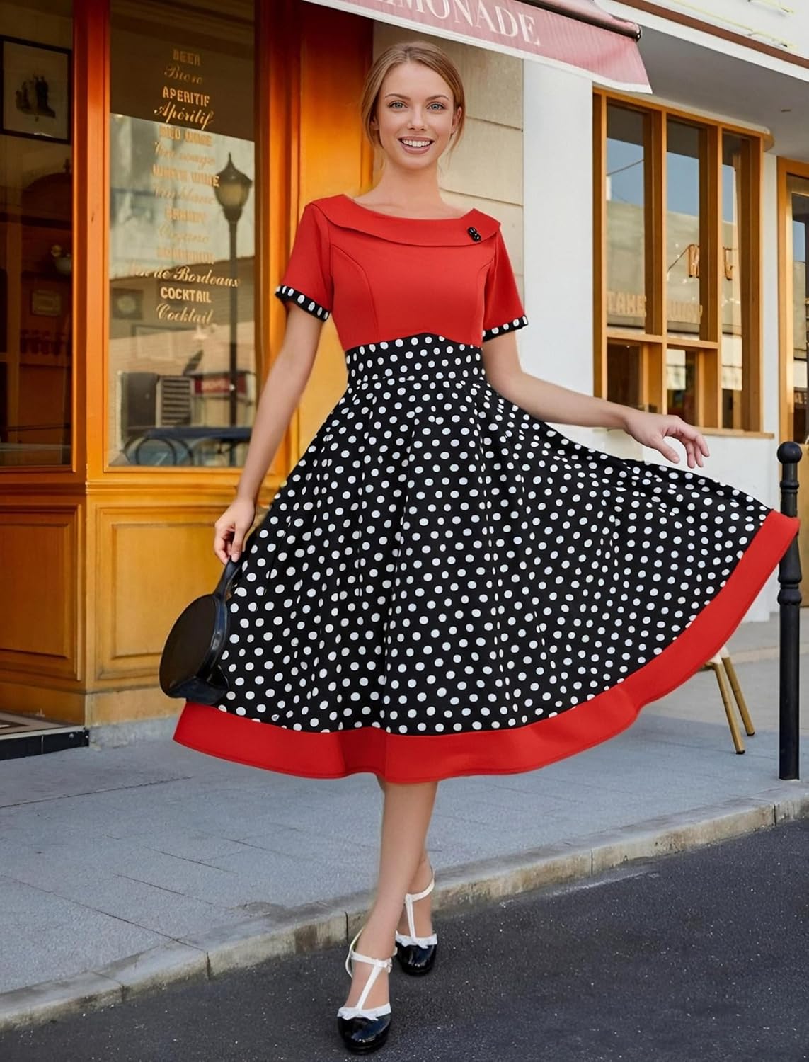 ODIZLI Women's 1950s Retro Dress Short Sleeve Boat Neck Polka Dot Swing Dress Elegant Cocktail Party Dresses - Image 2