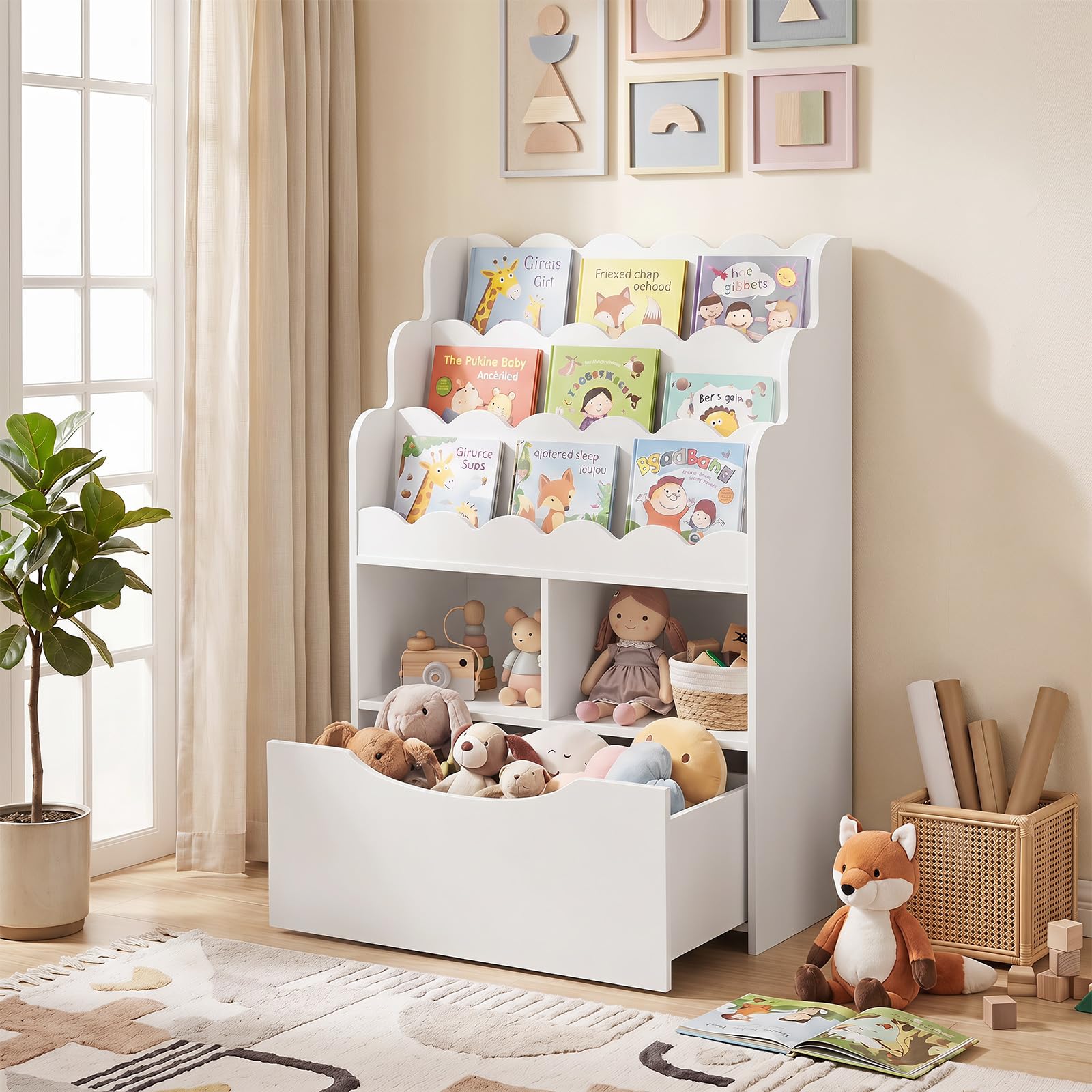 RELAX4LIFE Libreria Montessori per Bambini in Legno con Rotelle (Bianco)