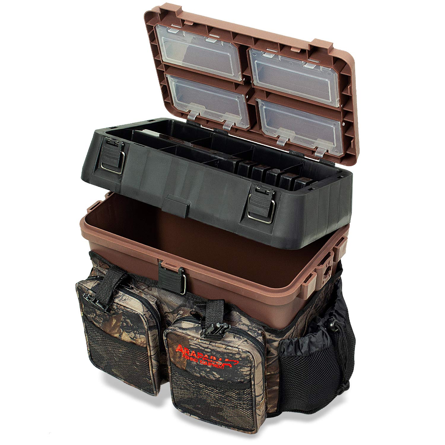 Sitzkiepe | Angelbox | Angelrucksack inkl. 4 Kunststoffboxen für Angelzubehör - Braun/Camouflage