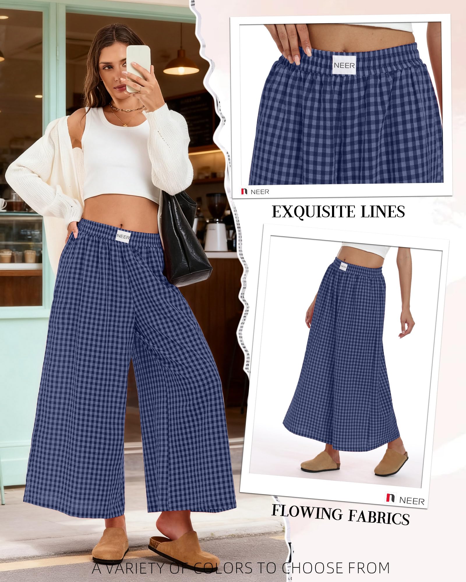 Neer Pantalon Femme Carreaux Vichy Taille Haute Élastique Fluide Large Coupe Palazzo avec Poches | Pantalon jupe, carreaux, jupes, fluide, ample, surdimensionné, pantalon habillé, pantalon de pyjama, taille élastique