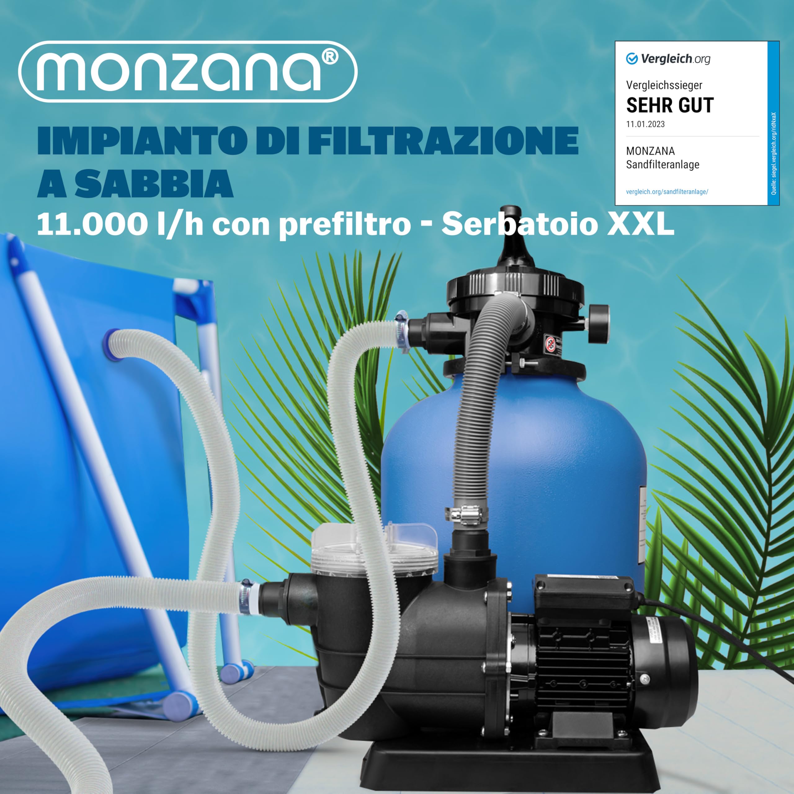 MONZANA Filtro per Piscina con Prefiltro da 13.200L/h | a 7 Vie, IPX5, con Prefiltro, 600W, Serbatoio 30L, Filtrazione a Sabbia,Sistema di Filtraggio, Pompe sabbia, Pompa Piscine