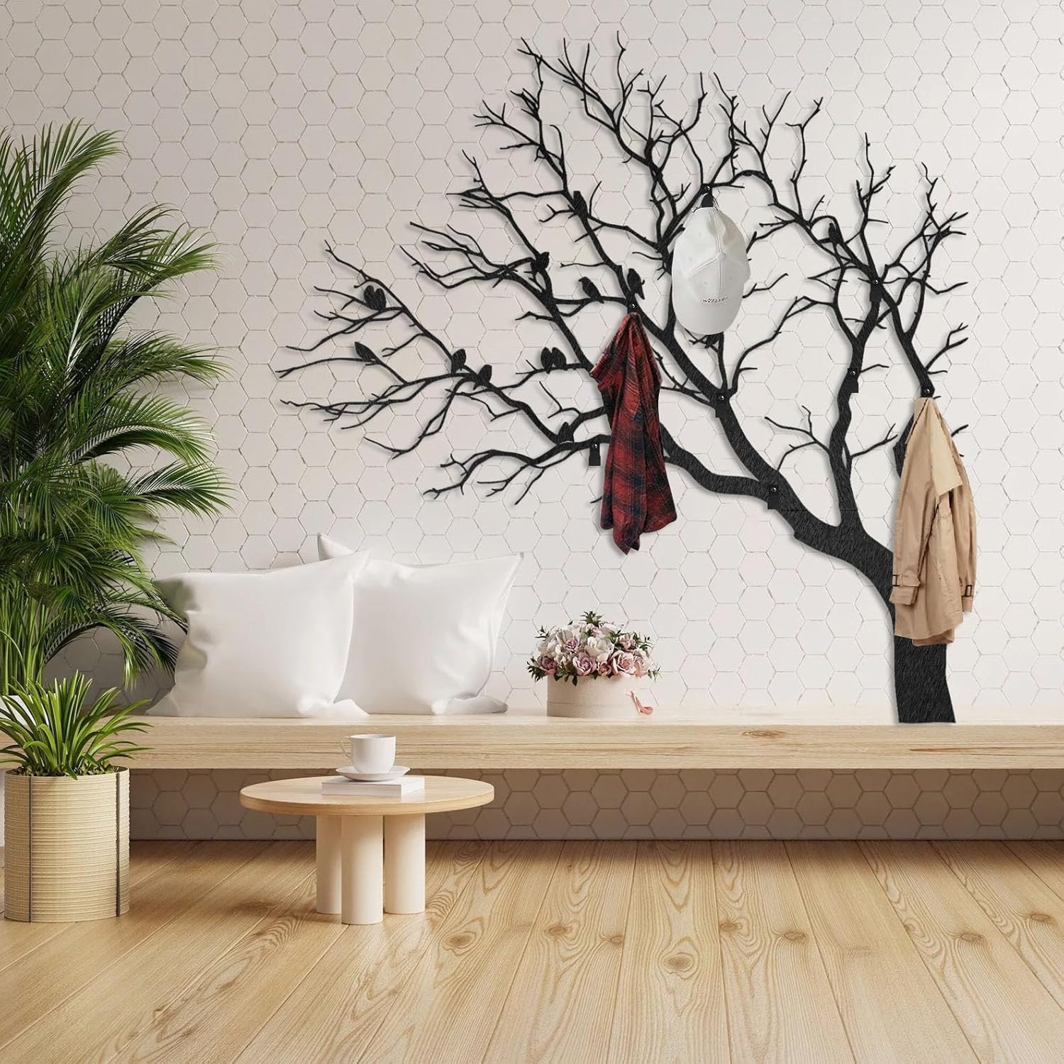 Coat Rack Tree Branch with Birds, Birds on Tree Branch Metal Wall Art, Coat Hooks Wall Mount, Key Holder Wall Mounted, Metal Coat Rack for Living Room, Bathroom (Black, 24"x24"|60x60cm)