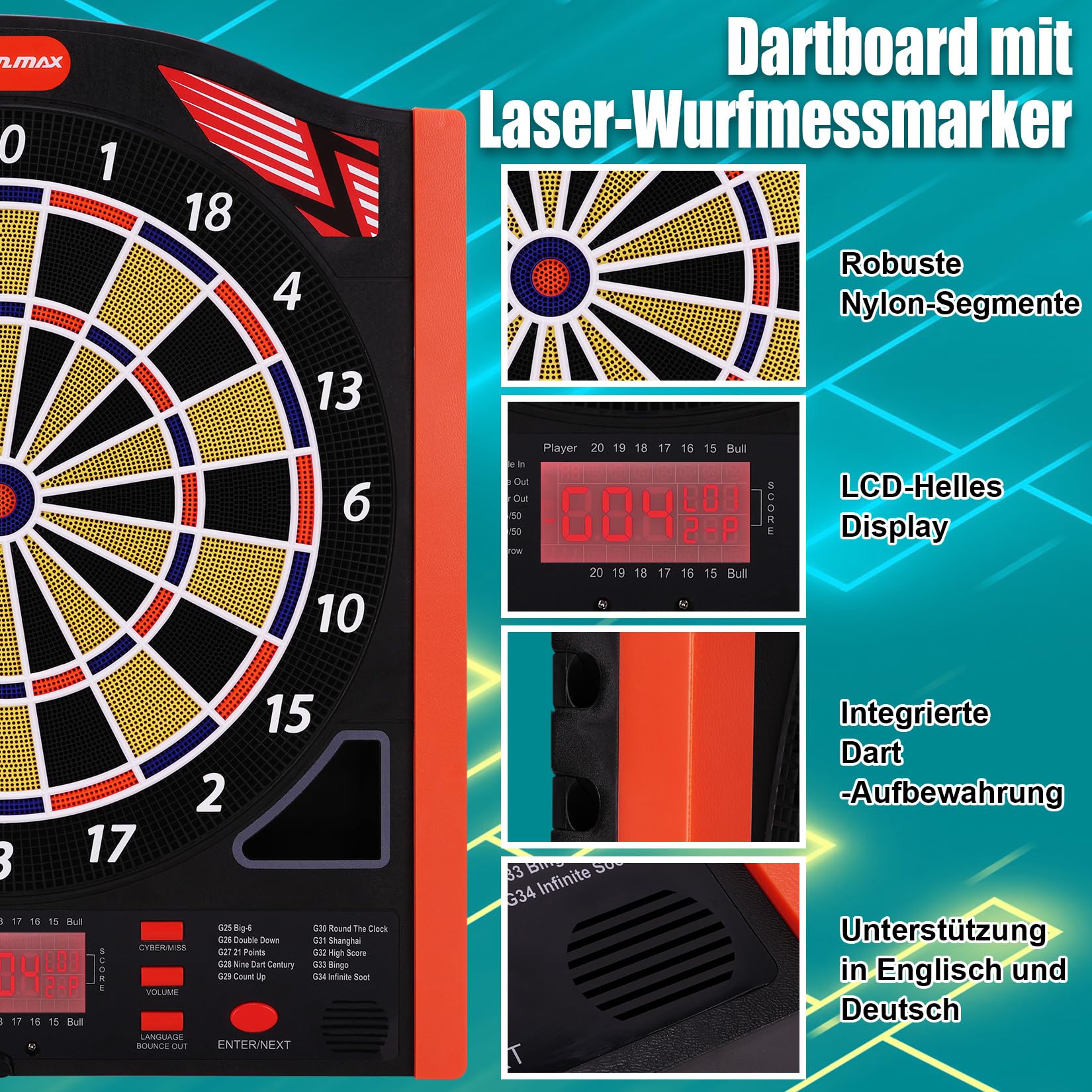 Jeu de fléchettes électronique, kit professionnel avec laser Throw/Toe Line marqueur avec voix allemande, adapté pour batterie/adaptateur pour 1 à 8 joueurs avec 12 lots