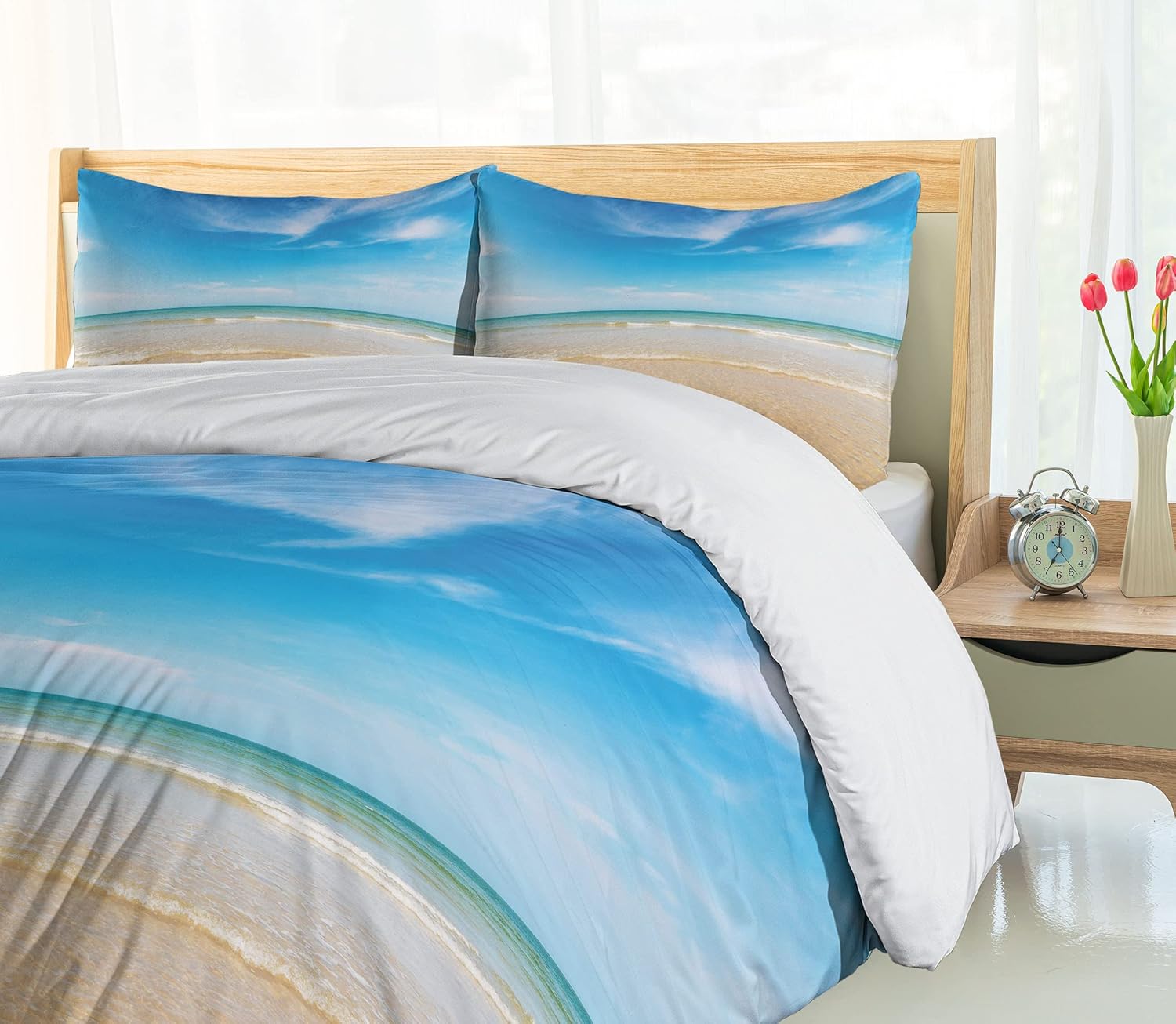 Ambesonne Ocean Duvet Cover Set, Sea and Sky Landscape at Beach in Tropical Exotic Hawaiian Caribbean Lands, Decorative 3 Piece Bedding Set with 2 Pillow Shams, Queen Size, Cream Blue Queen Cream Blue