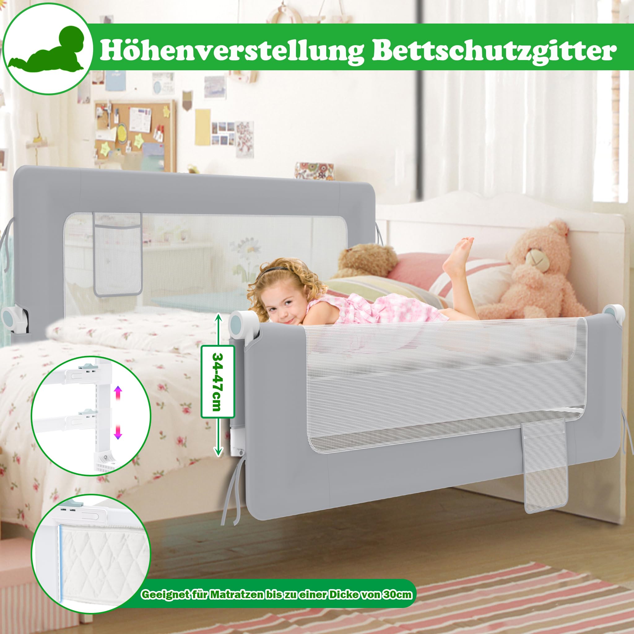 SUBTLETY Barrera de seguridad para cama de bebé de 1 lado, juego de barandilla plegable de 72 a 86 cm de altura ajustable, protección contra caídas, con bolsillos, 200 cm, para habitaciones de bebés y