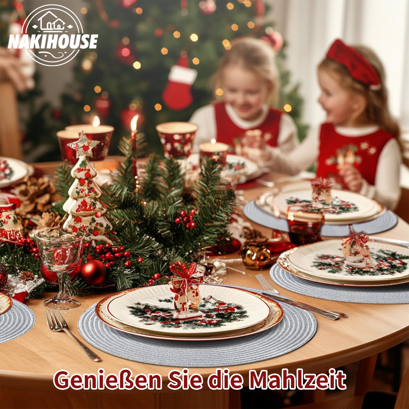 Tischsets Abwaschbar Rund Geflochten Silber Tischset 12er Set | 38cm Platzsets Abwischbar, Rutschfest, Hitzebeständig Schmutzabweisend Platzdeckchen für Hochzeit, Restaurant, Küche