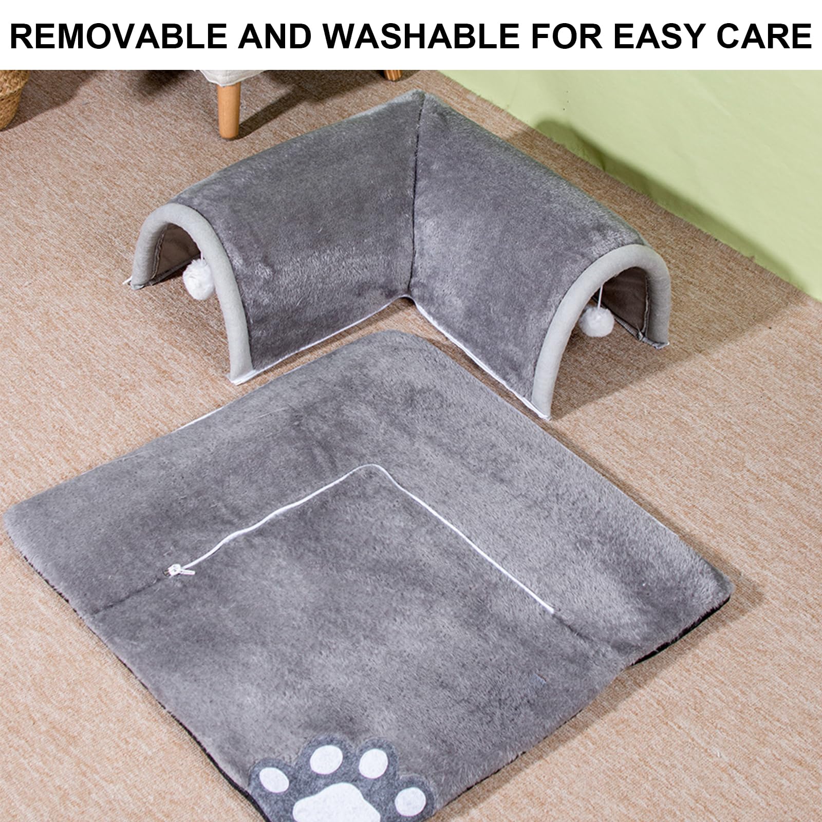 Katzentunnel Bett, 2 In 1 Katzenspieltunnel Mit Teppich, Abnehmbare Kätzchen Pet Play Tube - Waschbar Kätzchen Höhle Matte mit Ball Spielzeug, Katzenteppich, 50 * 50cm (Grau)