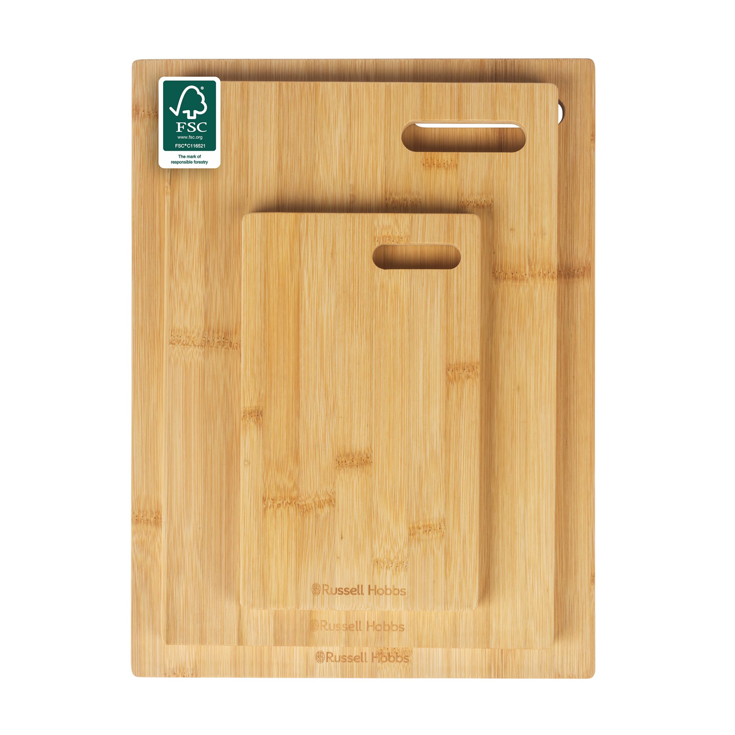 Russell Hobbs 3-Piece Bamboo Chopping Boards - FSC® Certified 25, 36 & 40 cm Oil-Finished Boards, Durable for Preparing & Serving, for Carving Meat, Cutting Vegetables, Cheeses & Bread
