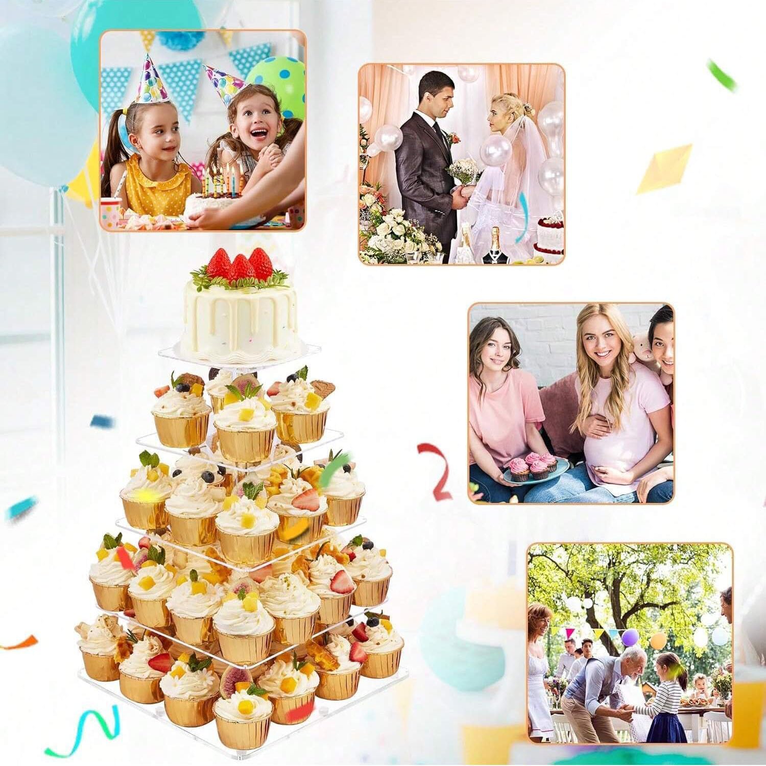 5 Etagen Cupcake Ständer, Gelb LED Lichterkette de Tortenständer Acryl für Hochzeit, Party, Geburtstag, Baby Duschen & Kuchen Dessert, Torten Etagere 5-stöckig, Quadrat Cupcake Stand
