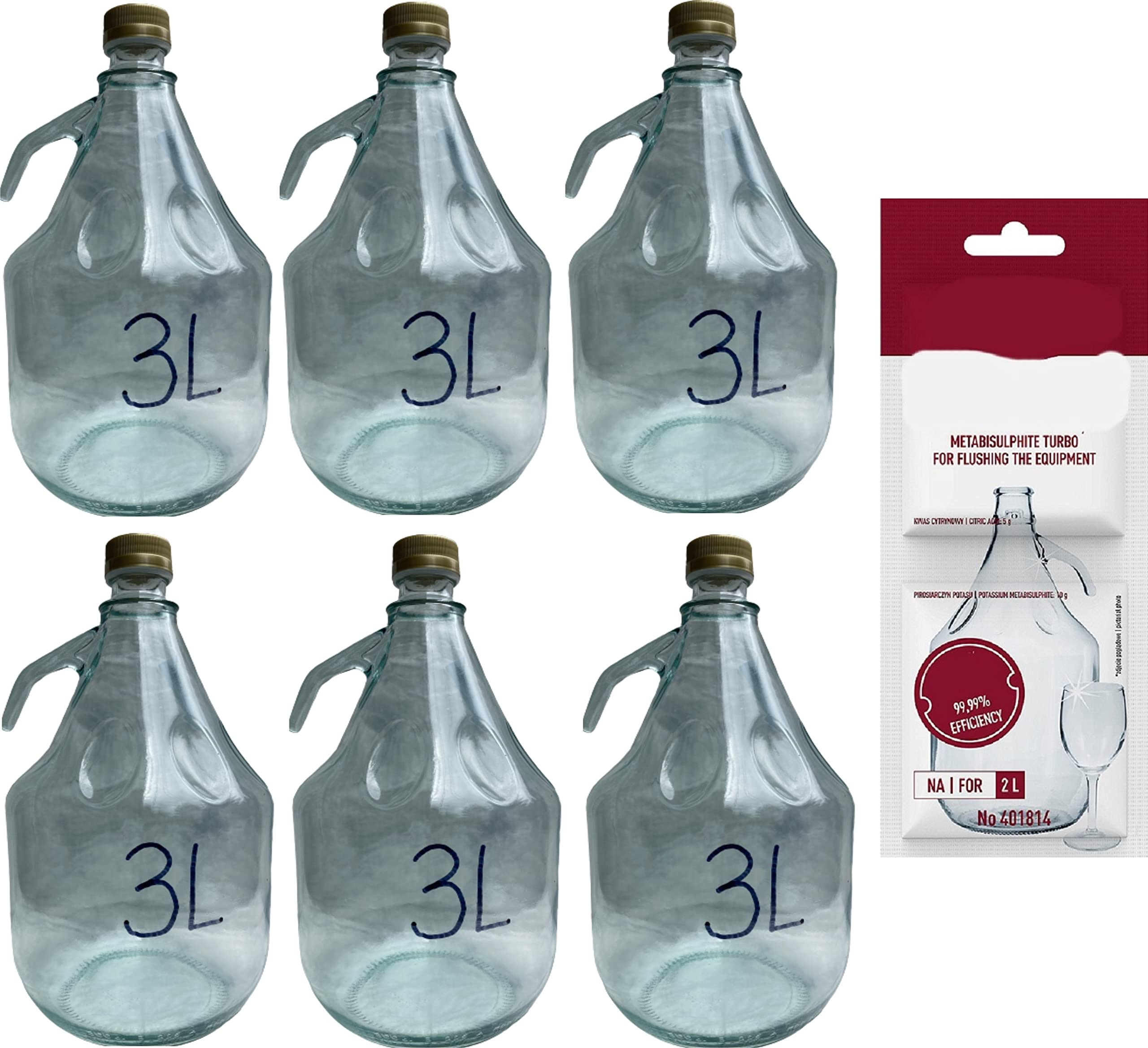 lilawelt24 6 x 3L Flasche mit Schraubverschluß + Schwefelpulver GLASBALLON Weinballon GÄRBALLON GLASFLASCHE Flasche Gallone Leere Glasflasche zum Befüllen