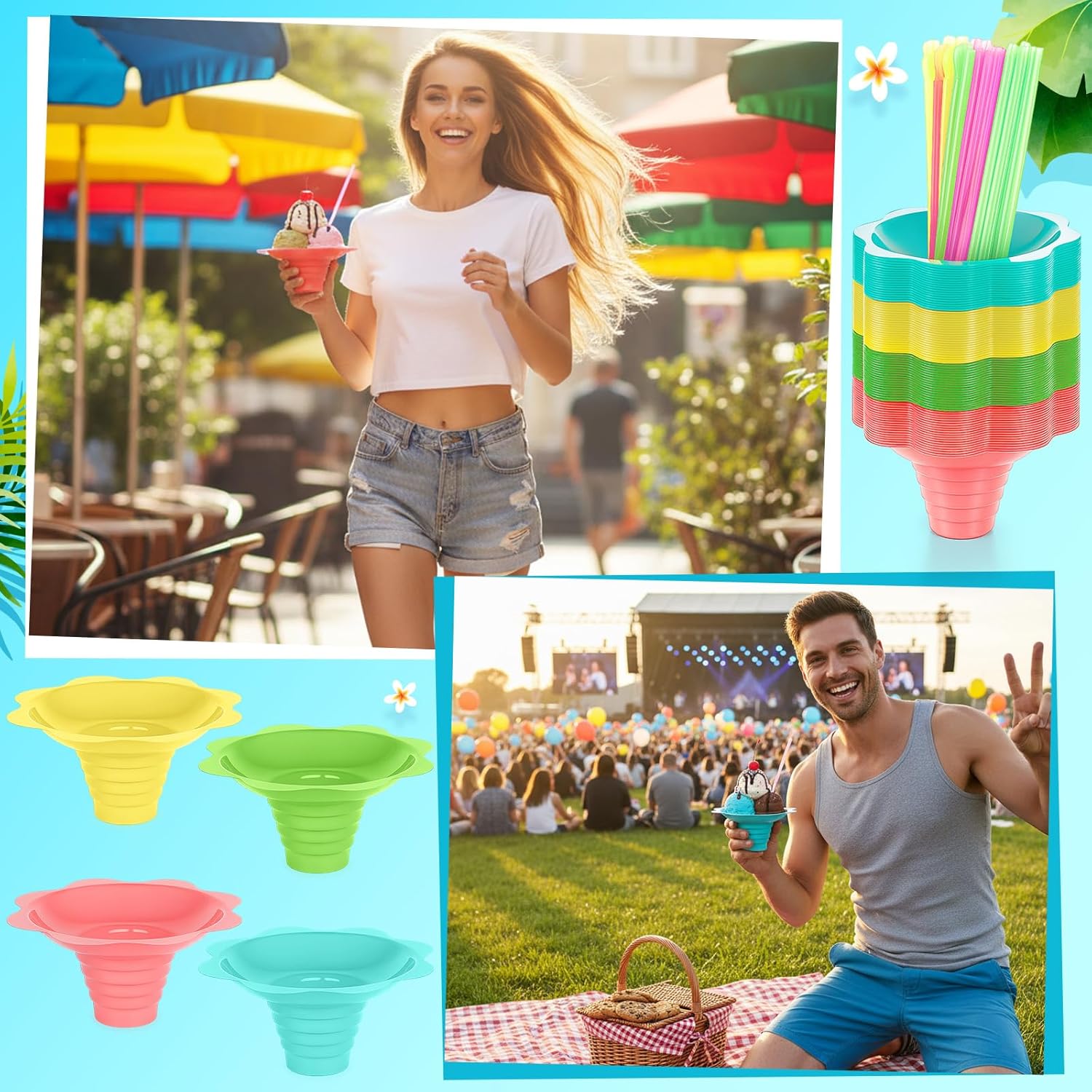 Boao 200 Pcs 12oz Colorful Flower Snow Cone Cup with Spoon Straw Flower Shaped Plastic Leakproof Shaved Ice Cream Bowl Reusable Snack Cups for Kid Birthday Hawaii Party Supplies, Easy Grip