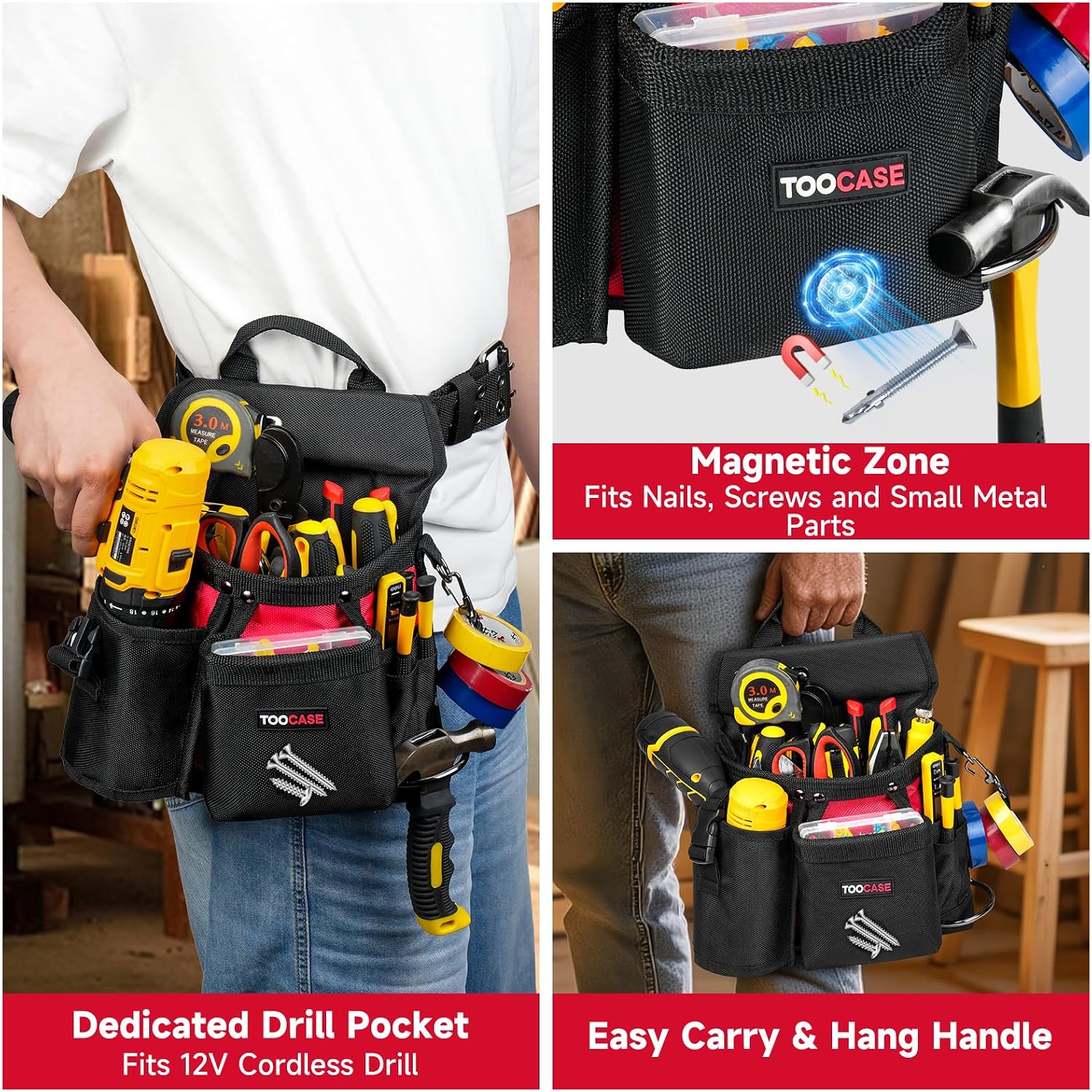 Tool Belts,18-Pocket Magnetic Tool Pouches with Drill Holster,Metal Buckle image 3