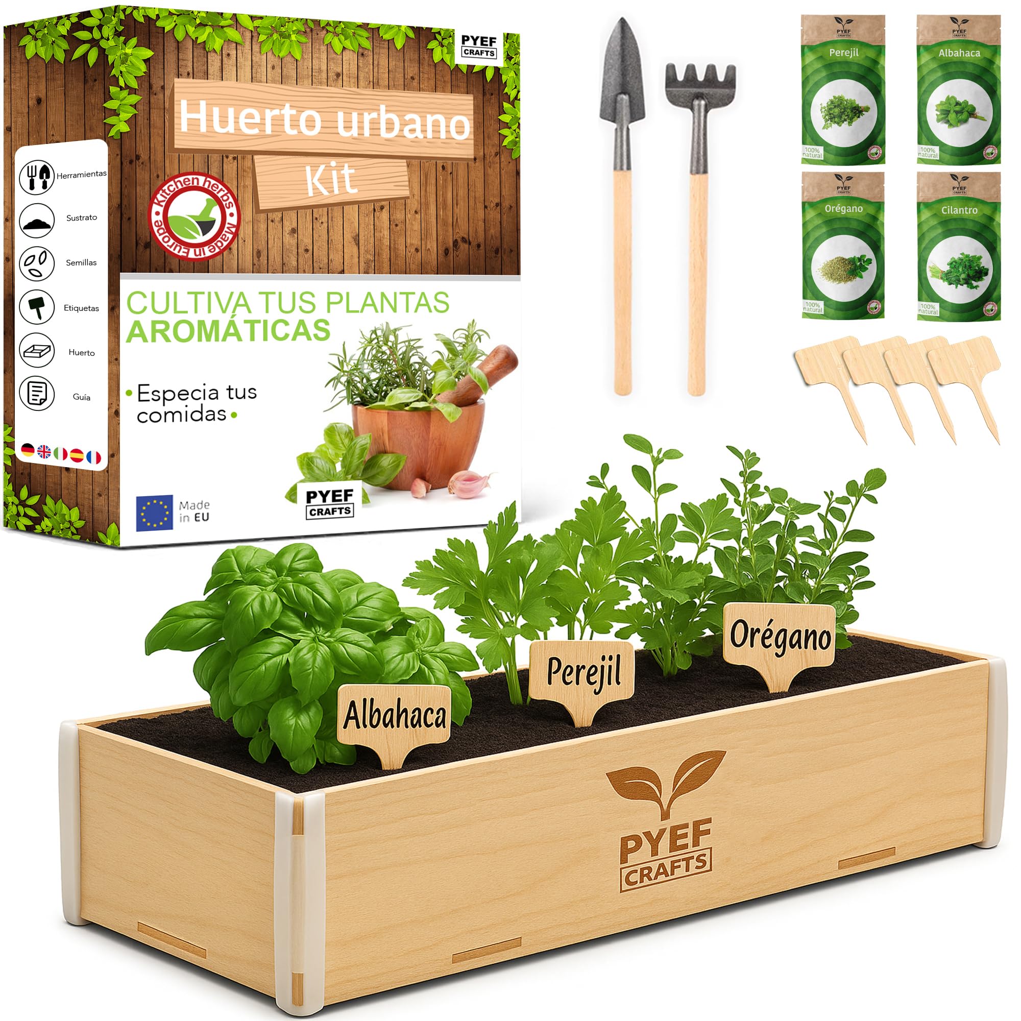 Huerto Urbano Hierbas Aromaticas PYEF CRAFTS - Semillas Oregano, Albahaca, Perejil y Cilantro - Kit Plantas Aromaticas Interior - Kit Semillas Plantas Culinarias Huerto en casa