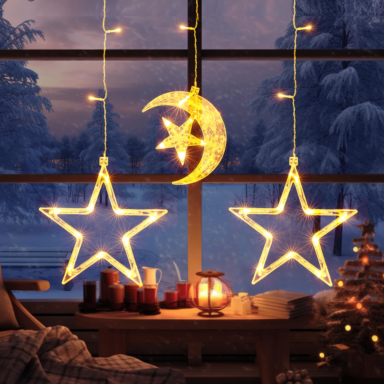 Quntis Ramadan Decorations Window Lights, 3Pack 43LEDs Star Moon Window Ramadan Lights, Battery Powered Star Moon Hanging String Lights with 8 Modes Perfect for Indoor/Outdoor Home Décor Warm White