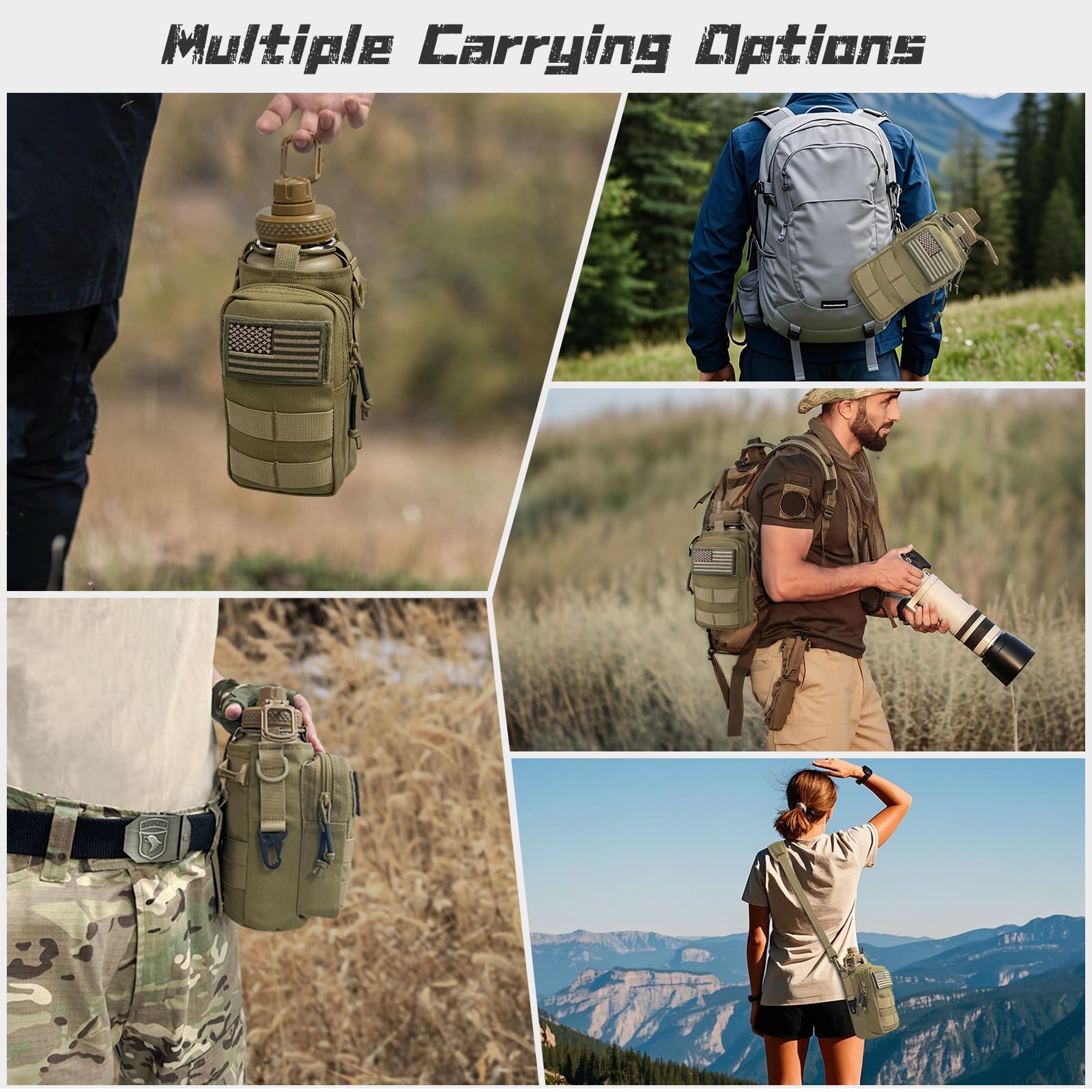 Isolierte Wasserflasche mit Hülle, taktischer Edelstahl-Metall-Wasserkrug, breite Öffnung, Fitnessstudio, Wasserflaschen für Herren, Sport, Workout, Wandern, mit Tasche, Khaki