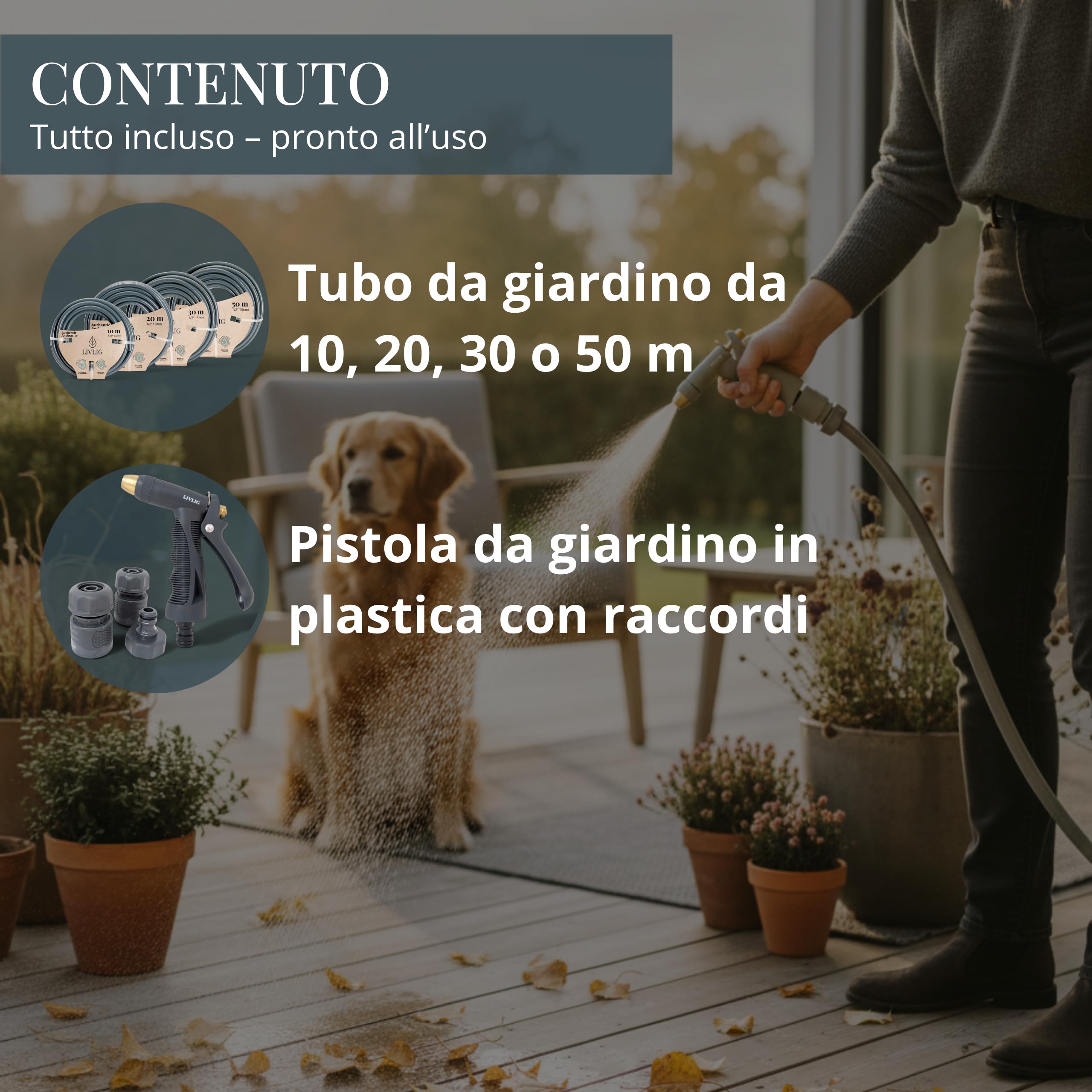 LIVLIG Set tubo 50 m 1/2" – tubo resistente UV e anti‑piegatura con pistola e raccordi (G3/4, stop 1/2, rapido) – Antracite