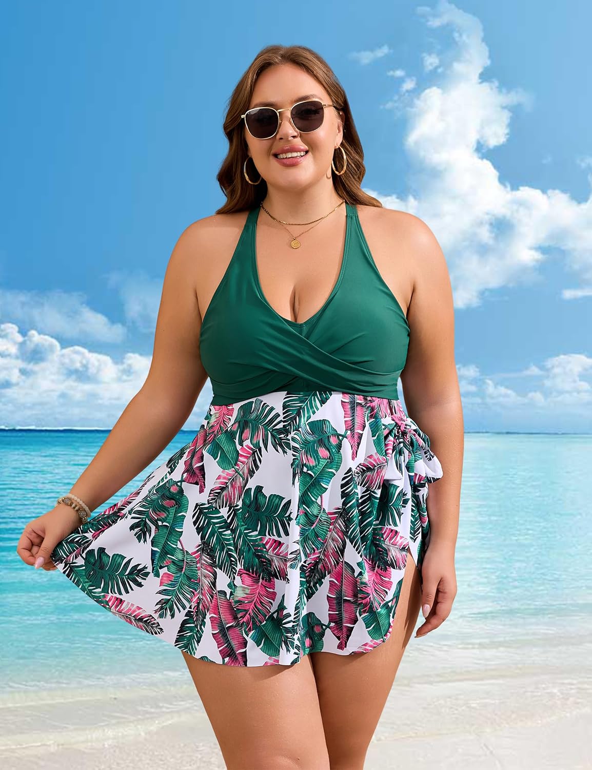 Edelqual Womens Plus Size Tankini Swimsuit Two Piece Tummy Control Bathing Suits Swim Dress Swimwear with Shorts - Image 2