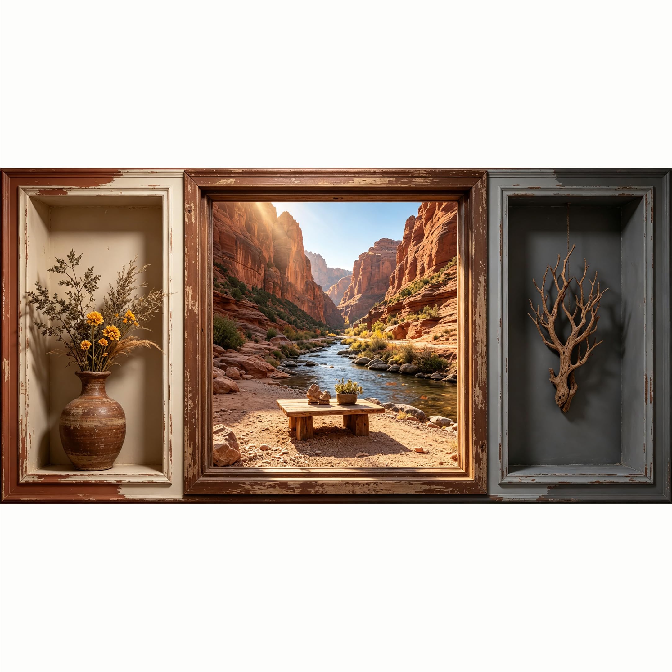 QZLITHOTIC 50x100cm 3D Framed Wall Art， Canyon River Landscape 3D Trompe L'oeil Self‑Adhesive Mural， Water‑Activated Peel & Stick Fabric Decor Wall Decal for Bedroom Living Room