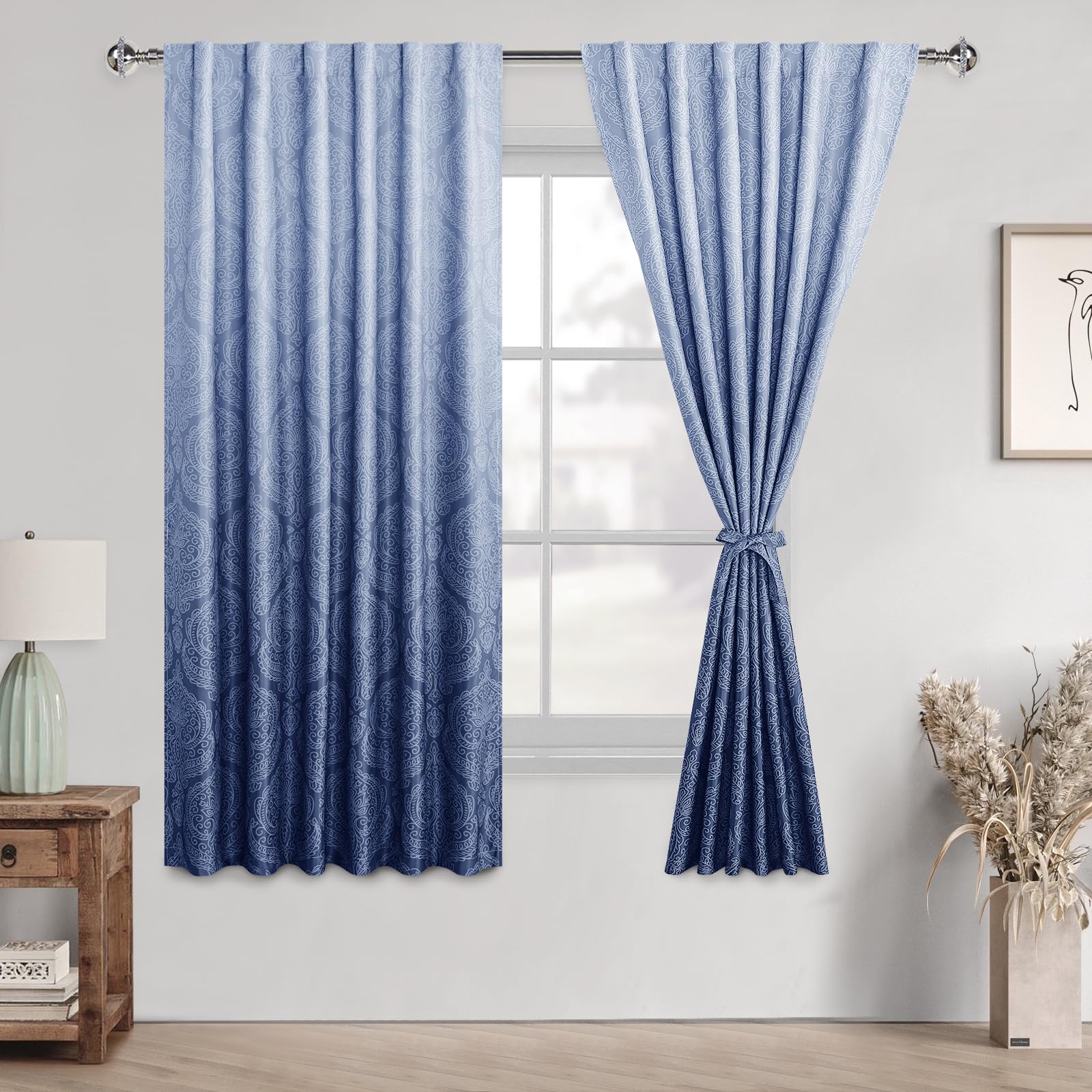 DWCN Navy Blackout Curtains for Bedroom 63 inches Length - Back Tab Ombre Damask Design Thermal Insulted Window Drapes with Tiebacks Blackout Curtains