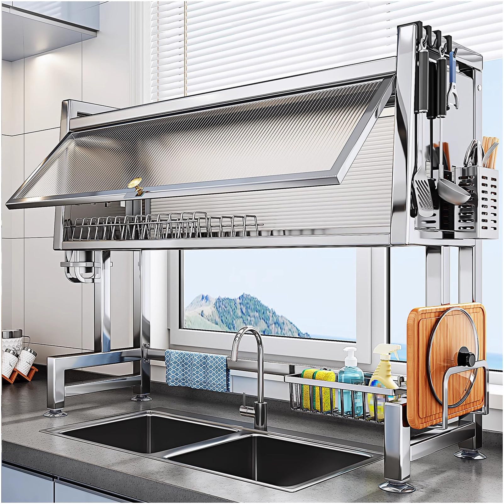 Over The Sink Dish Drying Rack with Cover Large Dish Drainer Drying Rack for Kitchen Counter with Multiple