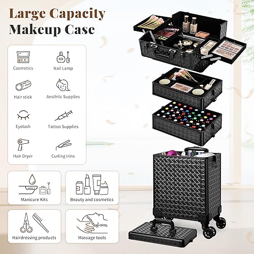 Miniatura 4 de Estuche de maquillaje profesional 5 en 1, estuche de aluminio para cosméticos, estuche de maquillaje con ruedas giratorias de 360 , Con color,