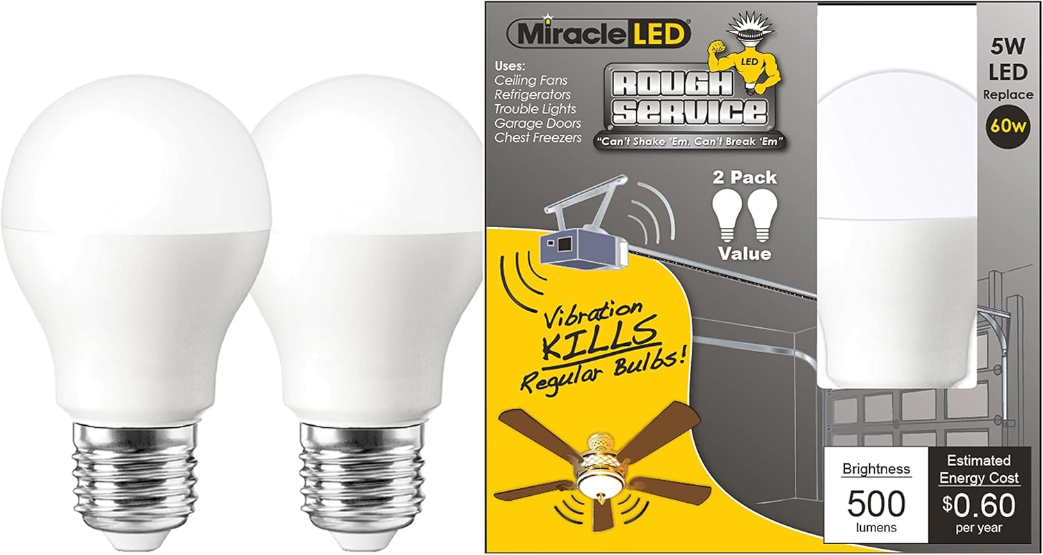 MiracleLED 606542 Rough Service Led Energy Saver Household Replacement Light Bulb Areas Like Garage Door/Shop/Fan, Cool Bright White Color, 2-Pack
